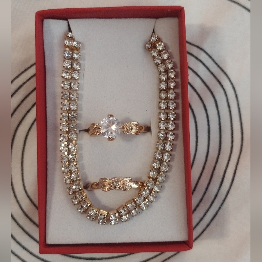 Signed C1946 Double Row Rhinestone Choker Necklace & Stackable Ring Set.